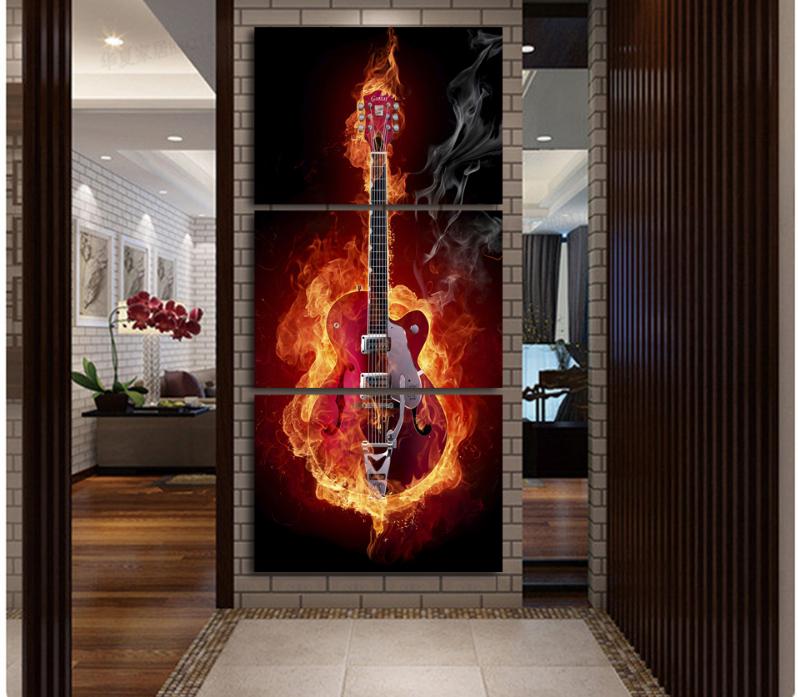 Burning Guitar 3 Panel Wall Art Canvas
